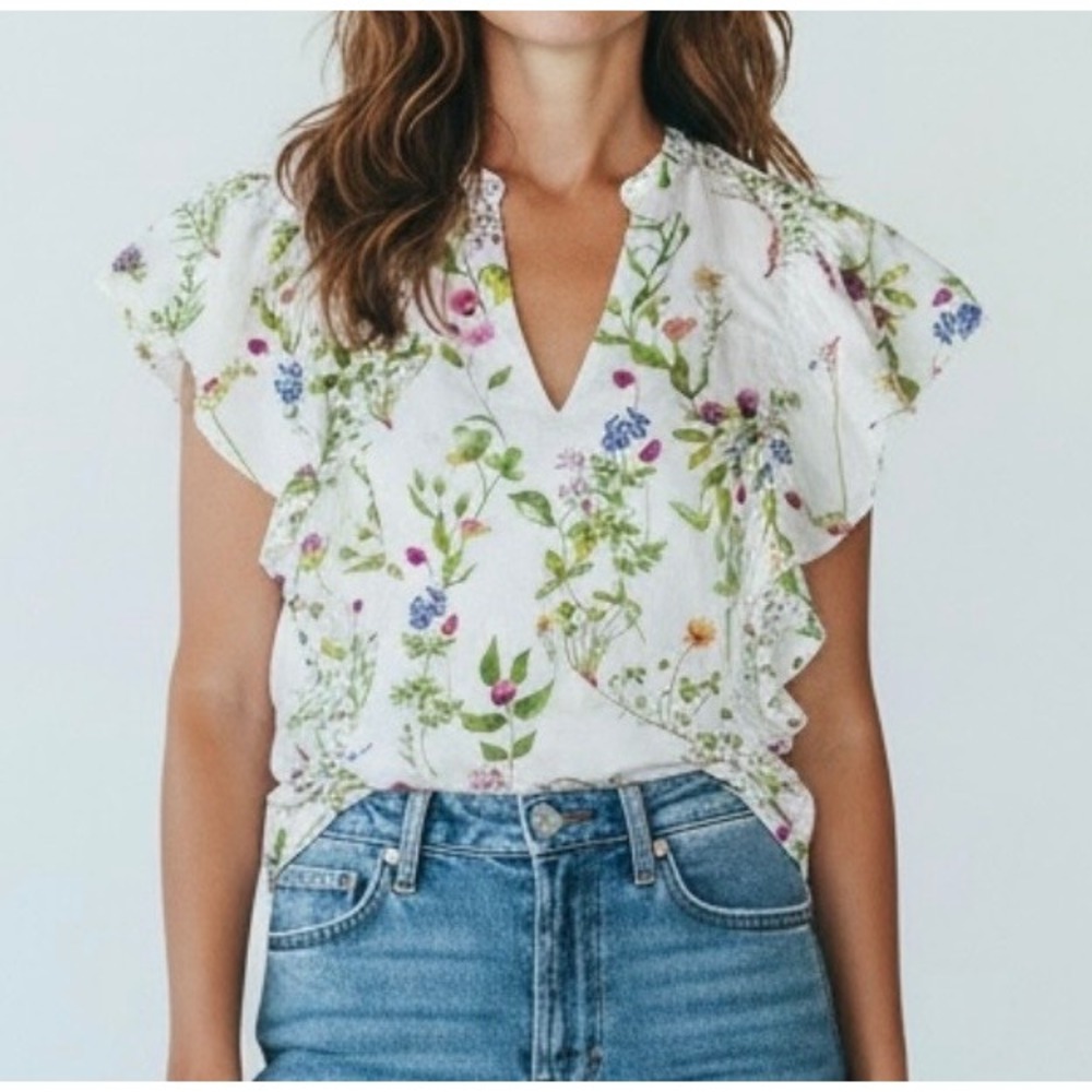 Marc New York Andrew Marc Floral Ruffle Blouse White Cotton Wildflower Top M